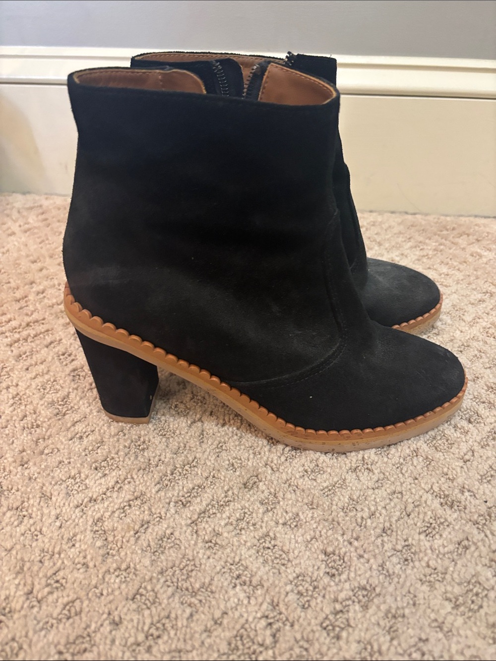 See By Chloe Black Suede Ankle Boots with Tan Scalloped Trim